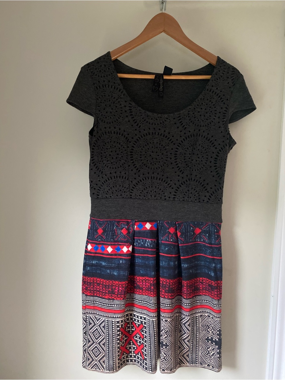 Desigual Gray Top with Red & Navy Patterned Mini Dress